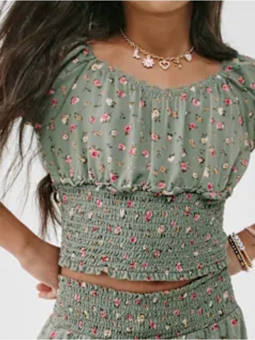 Smocked Floral Peasant Crop Top in Sage Green
